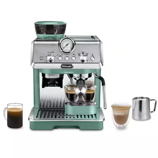 Delonghi La Specialista Arte EC9155.GR Green Espresso Coffee Machine - 8 Grind Settings, 3 Temp Levels, MyLatte Art Steam Wand, 15 Bar Pump, 1.5L Tank, 1400W