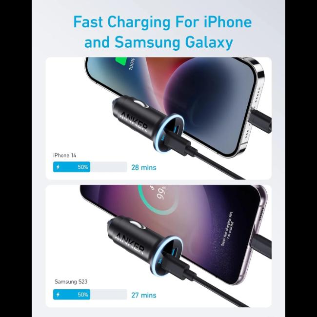Anker Car Charger | Black | USB Ports | Blue LED | Anker Logo