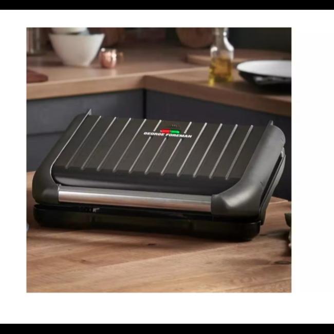 George Foreman Steel Large Grill 25052 Black with Floating Hinge, Non-Stick Plates, Vertical Storage, Adjustable Rear Foot, Chrome Handle