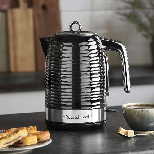 Russell Hobbs Black Kettle 1.7L Rapid Boil, Perfect Pour Spout, Blue Light