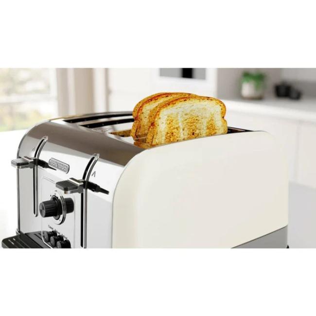 Morphy Richards 4 Slice Toaster Cream - Defrost, Reheat, Variable Browning, Cancel, High-Lift, Removable Crumb Tray, Cord Tidy, 1800W, Stainless Steel