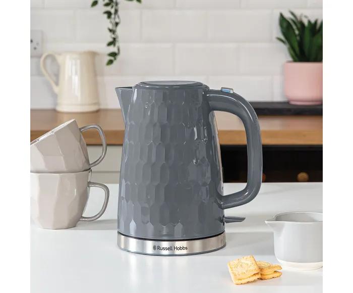 Russell Hobbs Honeycomb Kettle Grey 1.7 litres Stainless Steel Perfect pour spout Cup markings Illuminated water window