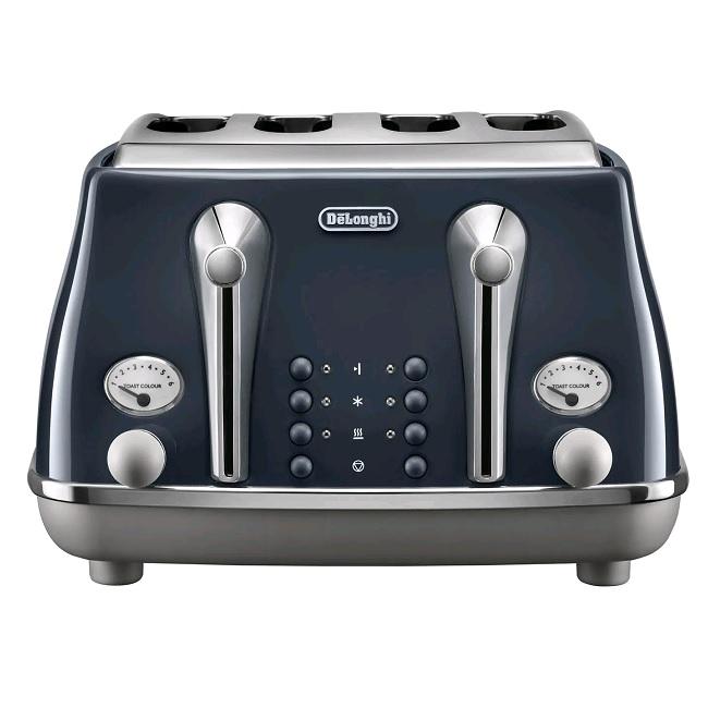 Delonghi Icona Capitals 4-Slice Toaster - Blue, 1800 W, Defrost, Reheat, Bagel function, Variable browning, Stainless Steel