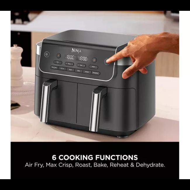 Ninja DualZone 7.6L 2-Drawer Air Fryer Black with 6 Cooking Functions - Max Crisp, Air Fry, Roast, Bake, Reheat, Dehydrate. Features Dual Drawers, Digital Display, Control Panel, Silver Handles.