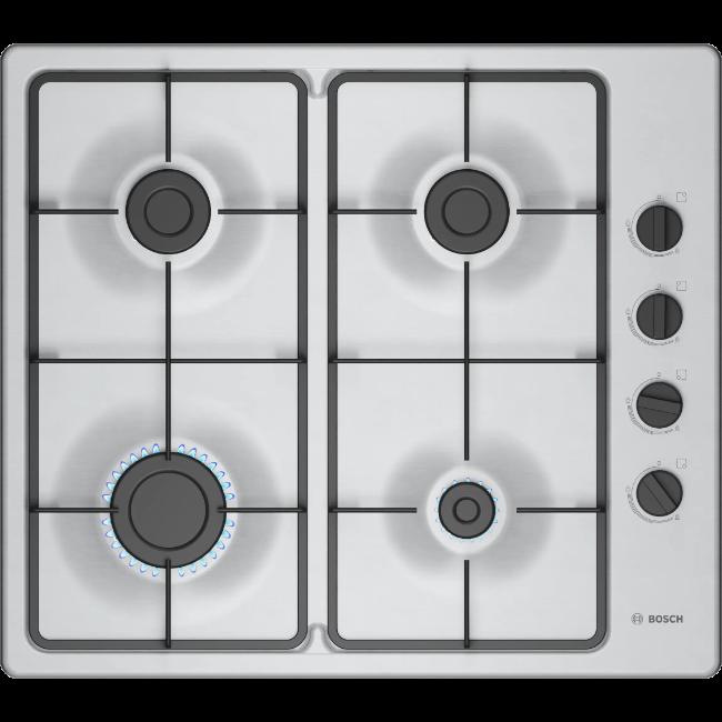 Bosch Series 2 60cm 4-Burner Built-In Gas Hob - Stainless Steel with Flame Failure Safety Device, Cast Iron Supports, and Integrated Ignition