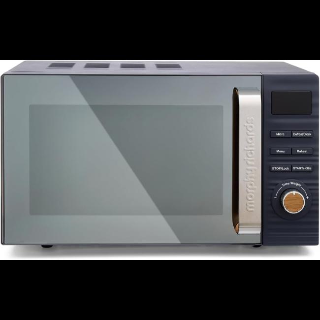 Morphy Richards Clay 800W 20L Digital Microwave Flint Blue Textured Exterior Mirror Door Wooden Detailing Digital Display Control Dial
