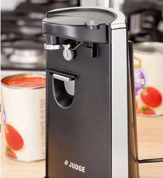 Judge 3-in-1 Electric Can Opener with Knife Sharpener & Bottle Opener - Black, 60W, Automatic, Magnet Lid Holder, Removable Arm, Stainless Steel Blade