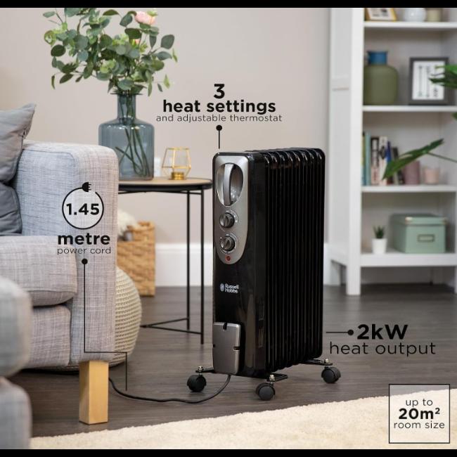 Russell Hobbs 2000W Oil Filled Radiator | Black | 9 Fin | 3 Heat Settings | Variable Thermostat | Up to 20m² | Carry Handle & Wheels