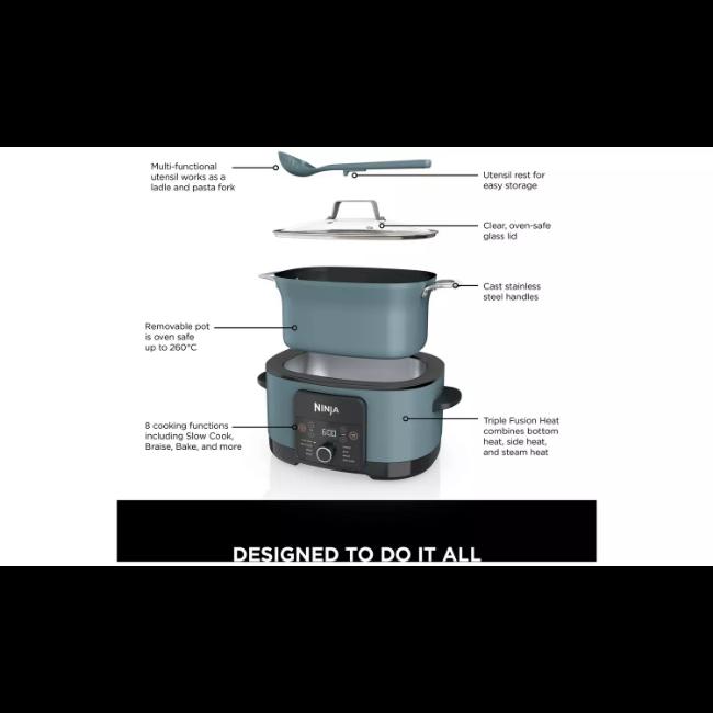 Ninja Foodi PossibleCooker 8-in-1 Multi-Cooker Slow Cooker 8L Sea Salt Grey with Pasta Spoon & Lid - 1200W, Up to 8 Portions, 12 Hr Keep Warm