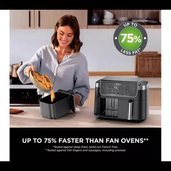 Ninja DualZone 7.6L 2-Drawer Air Fryer Black with 6 Cooking Functions - Max Crisp, Air Fry, Roast, Bake, Reheat, Dehydrate. Features Dual Drawers, Digital Display, Control Panel, Silver Handles.