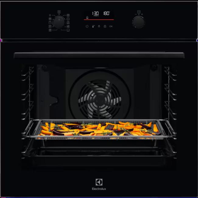 Electrolux 500 SurroundCook Built-In Single Oven 72L Black Pyrolytic Self-Cleaning Isofront Plus Triple-Glazed Retractable Controls LED Display A+ Energy Rating Fan Wire Rack with Vegetables Digital Display Control Knobs Buttons