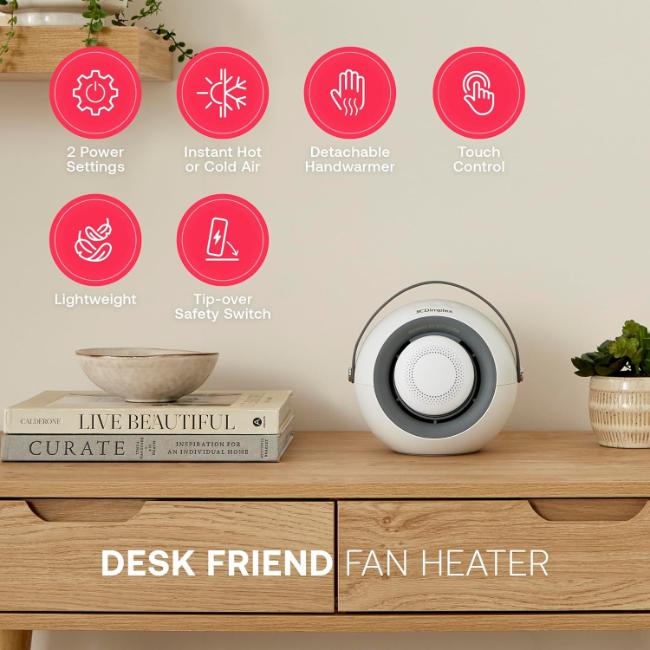Dimplex DDF390 Fan Heater with Detachable Hand Warmer, PTC Ceramic, 2 Speeds, White, LED Touch Screen, Safety Protection, 19 x 14.6 x 19 cm