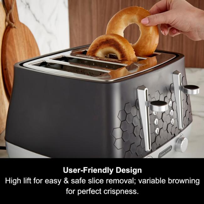 Morphy Richards Cassini 4 Slice Toaster Moonless Night Black Hexagonal Design Variable Browning High-Lift Removable Crumb Tray Illuminated Buttons