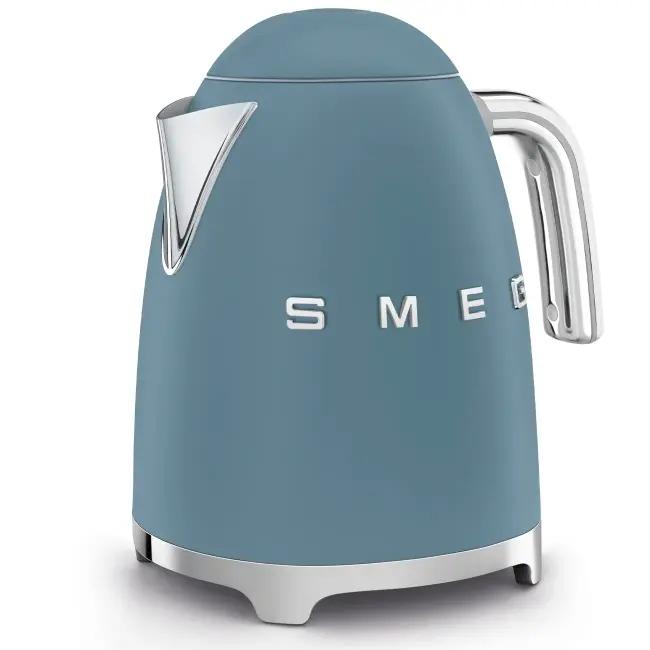 Smeg 50's Style 1.7L Kettle | Storm Blue | 3000W | Soft Opening Lid, Limescale Filter, 360 Swivel Base, Auto Shut-off | Blue Kettle, Chrome Handle, Silver Base, Smeg Logo