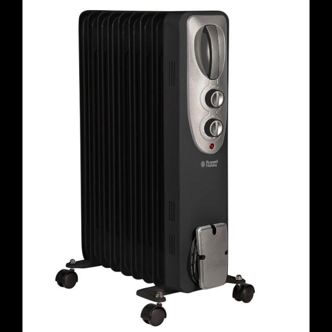 Russell Hobbs 2000W Oil Filled Radiator | Black | 9 Fin | 3 Heat Settings | Variable Thermostat | Up to 20m² | Carry Handle & Wheels