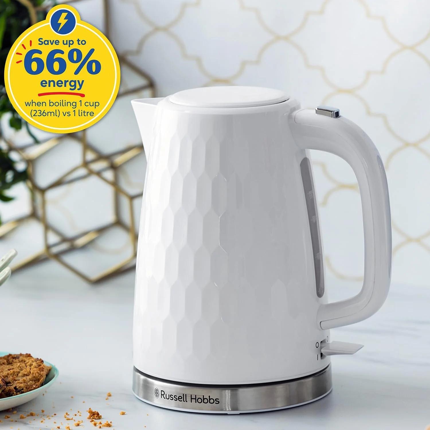 Russell Hobbs Honeycomb Kettle 1.7 Litre White - Honeycomb Design, Perfect Pour Spout, Illuminated Water Window