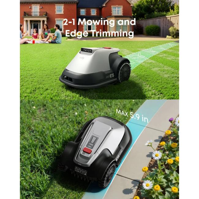 Eufy E15 Robot Lawn Mower - Grey/Black | RTK-Free AI Mapping, 3D Obstacle Avoidance, Edge Trimming, GPS Tracking, 800m² Coverage, 56dB Quiet Operation