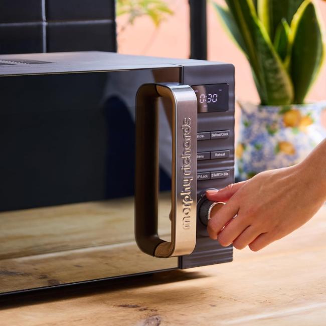 Morphy Richards Clay 800W 20L Digital Microwave Flint Blue Textured Exterior Mirror Door Wooden Detailing Digital Display Control Dial