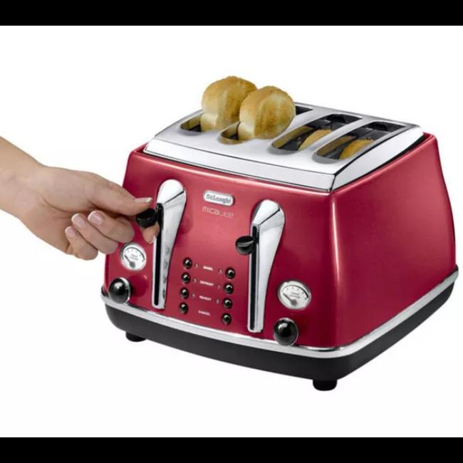 De'Longhi Icona Micalite 4 Slice Toaster Red with Bagel, Defrost, Reheat, Cancel, Toast Colour