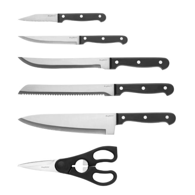 Berghoff Pica 7-Piece Knife Block Set | Stainless Steel Knives with Wood Block | Includes 6 Knives & Kitchen Shears
