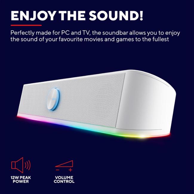 Trust GXT 619W Thorne RGB Illuminated Soundbar - White - Volume Control, RGB Lighting