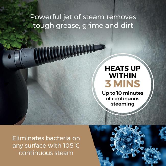 Tower THS10 Handheld Steam Cleaner Blue 9 Accessories 1050W 105°C 3 Min Heat Up 10 Min Runtime 250ml Tank 3m Cord