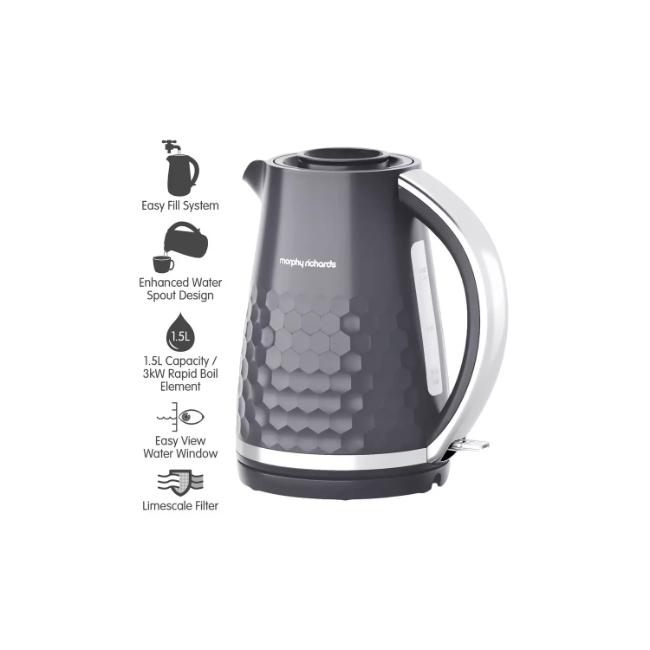 Morphy Richards Hive Grey 1.5L Kettle | 3000W | Honeycomb Pattern, Water Level Indicator, Spout, Handle