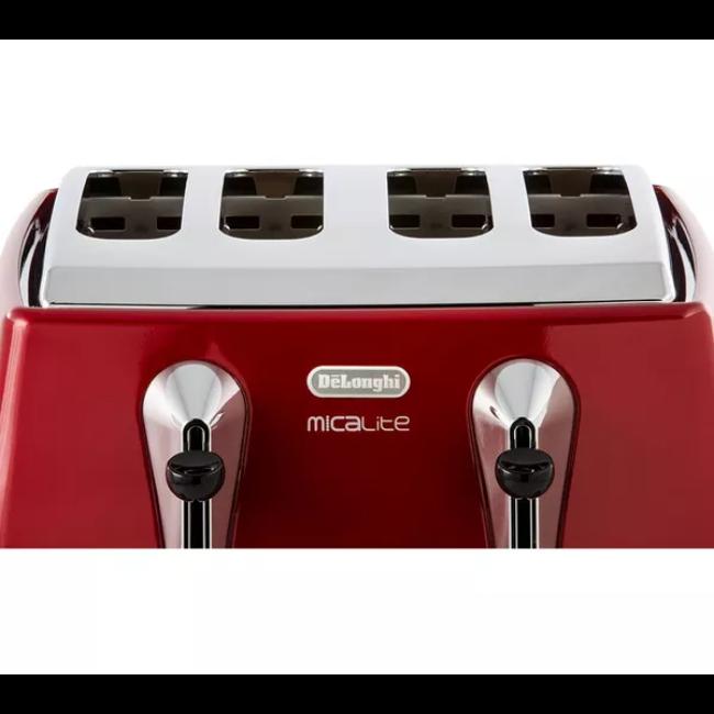 De'Longhi Icona Micalite 4 Slice Toaster Red with Bagel, Defrost, Reheat, Cancel, Toast Colour