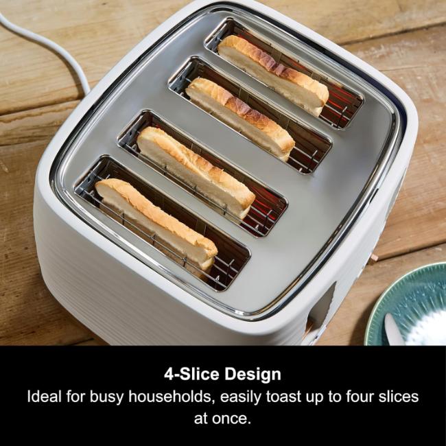 Morphy Richards Clay 4 Slice Toaster White Wood-effect Ripple Pattern Reheat Defrost Cancel Removable Crumb Tray Cord Storage