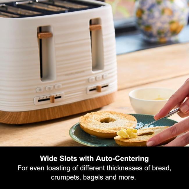 Morphy Richards Clay 4 Slice Toaster White Wood-effect Ripple Pattern Reheat Defrost Cancel Removable Crumb Tray Cord Storage