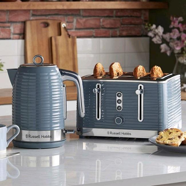 Russell Hobbs Grey Kettle 1.7 Litre Rapid Boil, Perfect Pour Spout, Blue Power Light Indicator
