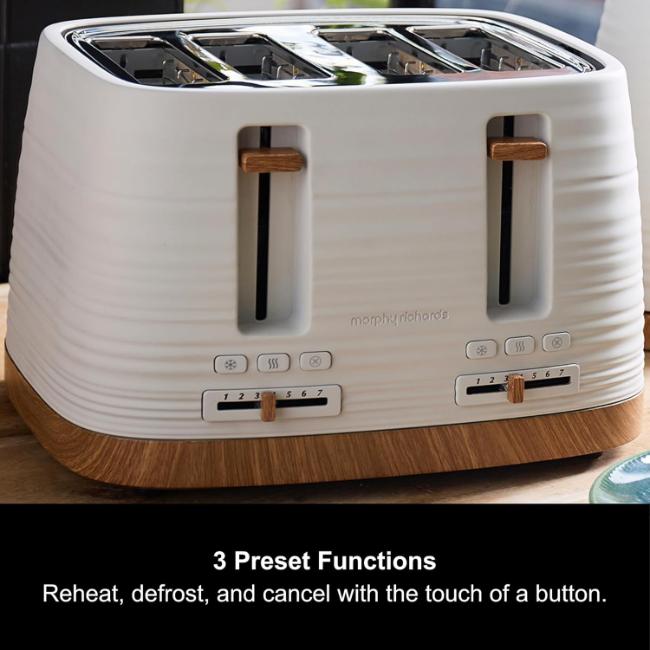 Morphy Richards Clay 4 Slice Toaster White Wood-effect Ripple Pattern Reheat Defrost Cancel Removable Crumb Tray Cord Storage
