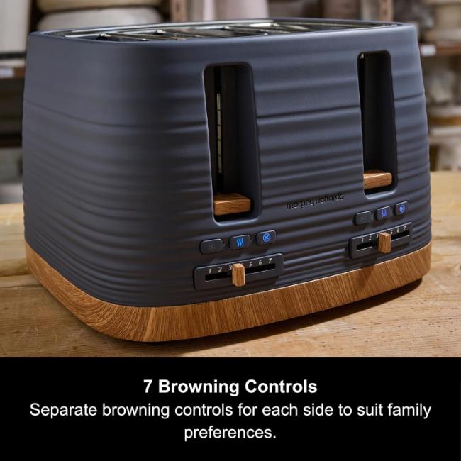 Morphy Richards Clay 4 Slice Toaster Flint Blue Grey Ripple Pattern BPA-Free Plastic with Reheat Defrost Cancel Functions Wide Slots Variable Browning Auto-Centring Automatic Pop-Up Cord Storage Removable Crumb Tray Wood-Effect Base