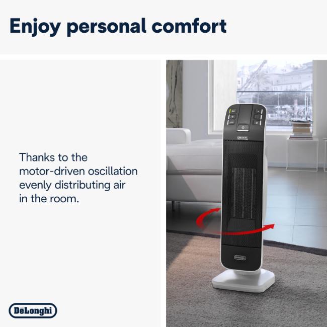 DeLonghi Bend Line Ceramic Fan Heater 2000W Black HFX65V20 Digital Control ECO Anti-dust Filter Safety Auto-Off for Rooms up to 60m³