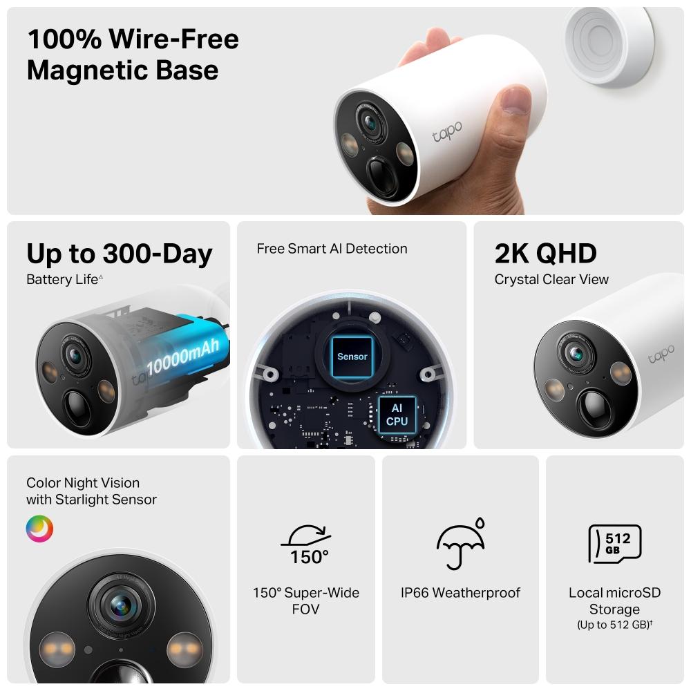 TP-Link Tapo C425 Smart Wire-Free Security Camera 2K QHD 4MP 300-Day Battery Magnetic Mount Full-Color Night Vision IP66 AI Detection 150 FOV