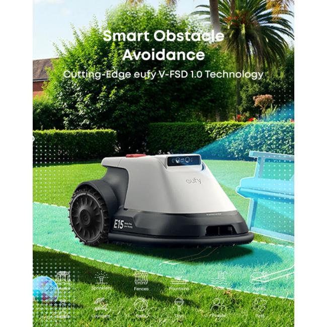 Eufy E15 Robot Lawn Mower - Grey/Black | RTK-Free AI Mapping, 3D Obstacle Avoidance, Edge Trimming, GPS Tracking, 800m² Coverage, 56dB Quiet Operation