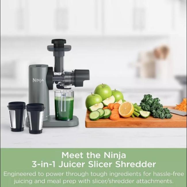 Ninja 3-in-1 Cold Press Juicer, Slicer & Shredder with Anti-Clog Filter | JC152UK | Silver | Includes Juice Jug & Pulp Container