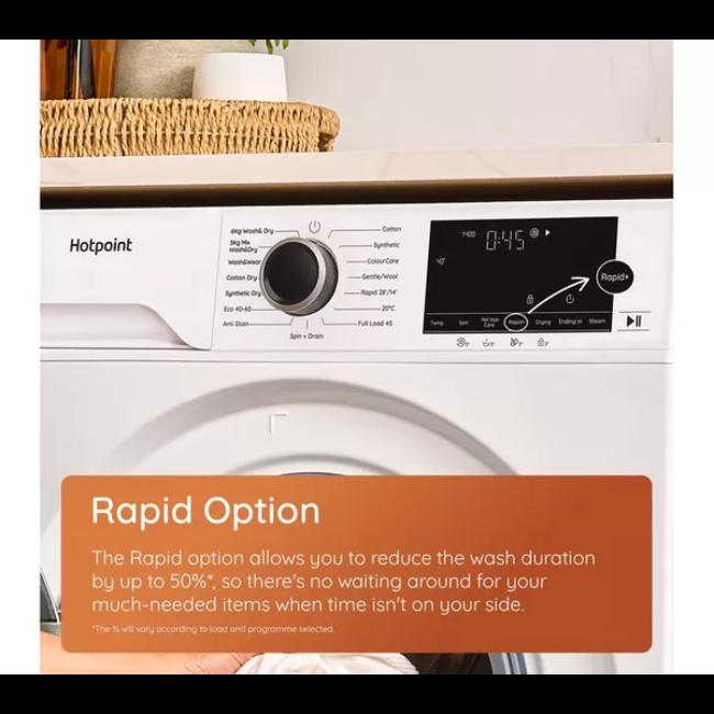 Hotpoint AntiStain 8kg Wash 6kg Dry Washer Dryer 1400sp White with ColourCare Full Load 45' PetHairCare Inverter Motor Start Delay Dimensions 845x600x570mm Weight 68kg