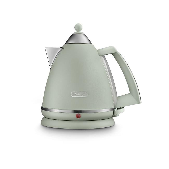 DeLonghi Argento Kettle - Flora Green, 1.7 Litres, 3 kW, Silver, Green, Handle, Base, Spout, Button