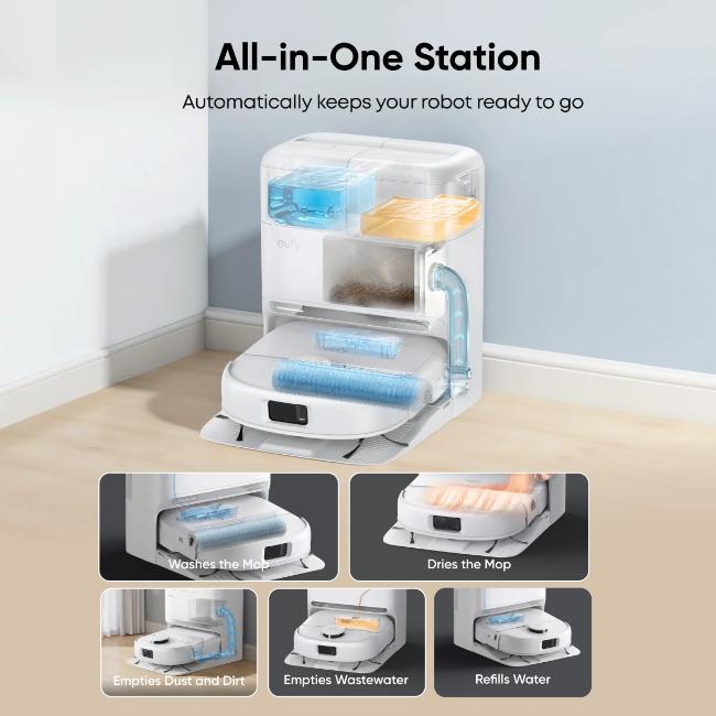 Eufy Omni C28A Robot Vacuum & Mop with 15,000 Pa Suction, 5-in-1 Station, HydroJet Mop, Auto Detangling, iPath 2.0 Nav, White