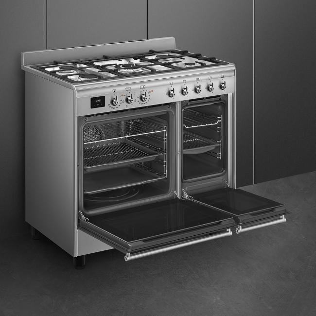 Smeg Range Cooker Dual Fuel 90x60cm Stainless Steel Gas Hob Electric Ovens