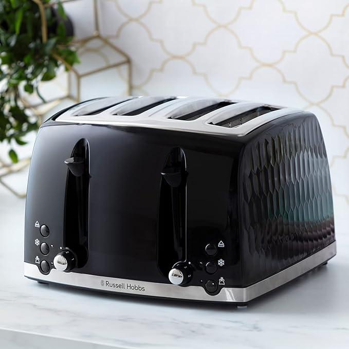 Russell Hobbs Honeycomb 4 Slice Toaster - Black with Extra Wide Slots, High Lift, Bun Warmer, Variable Browning, Frozen, Cancel, Reheat, Removable Crumb Tray, Stainless Steel Accents