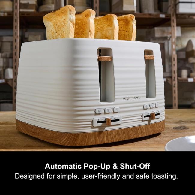 Morphy Richards Clay 4 Slice Toaster White Wood-effect Ripple Pattern Reheat Defrost Cancel Removable Crumb Tray Cord Storage