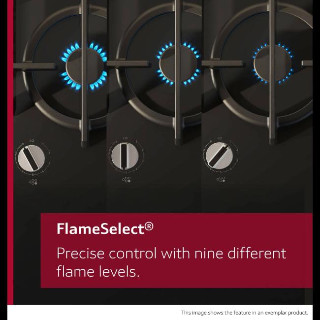 Neff N70 75cm Black Gas on Glass Hob with FlameSelect, Wok Burner, Cast Iron Supports, and Gas Safety Cut-Off