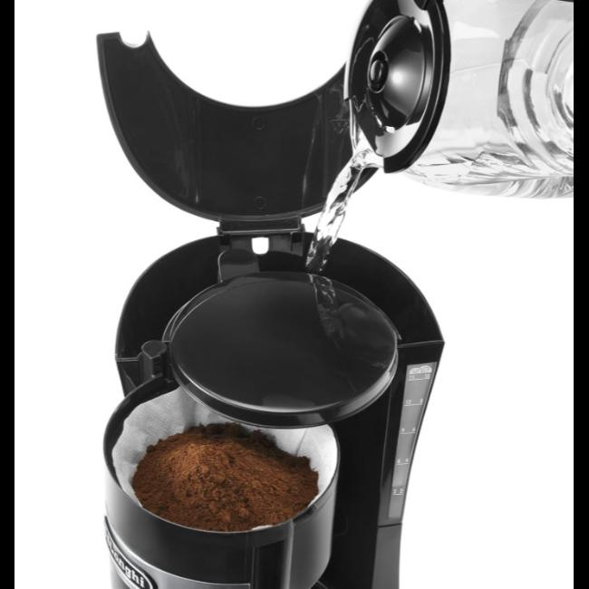 DeLonghi Filter Coffee Machine 1.25L Black Stainless Steel Glass Carafe 10 Cups Water Level Indicator On/Off Button