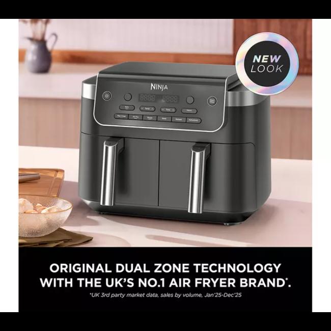 Ninja DualZone 7.6L 2-Drawer Air Fryer Black with 6 Cooking Functions - Max Crisp, Air Fry, Roast, Bake, Reheat, Dehydrate. Features Dual Drawers, Digital Display, Control Panel, Silver Handles.