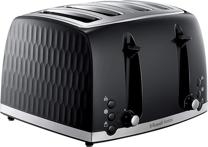 Russell Hobbs Honeycomb 4 Slice Toaster - Black with Extra Wide Slots, High Lift, Bun Warmer, Variable Browning, Frozen, Cancel, Reheat, Removable Crumb Tray, Stainless Steel Accents