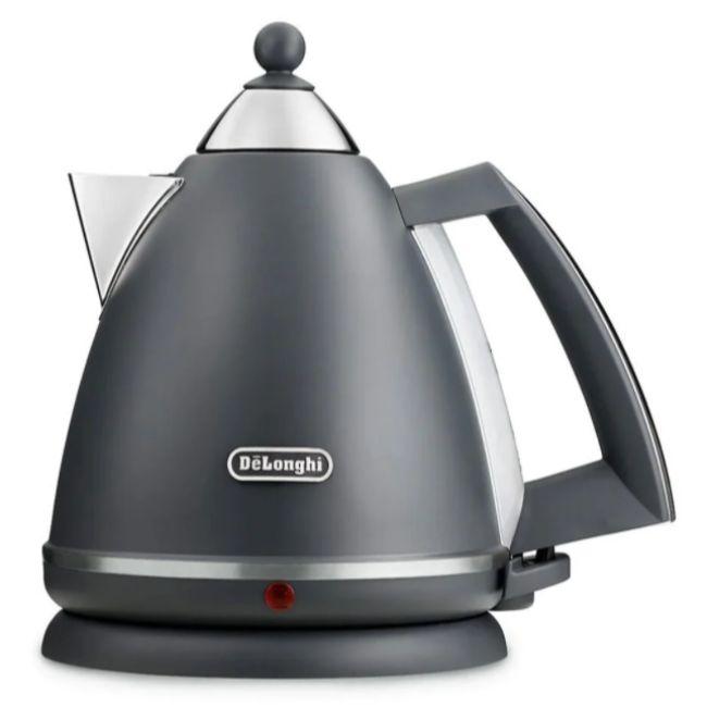 De'Longhi Argento Silva 1.7L Electric Kettle - Grey with Handle, Base, Lid, Stainless Steel, Red Button