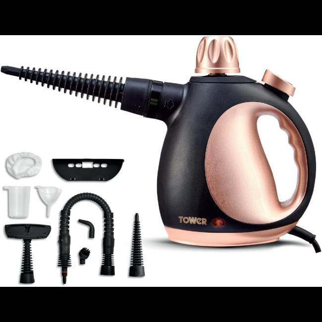 Tower THS10 Handheld Steam Cleaner Blue 9 Accessories 1050W 105°C 3 Min Heat Up 10 Min Runtime 250ml Tank 3m Cord