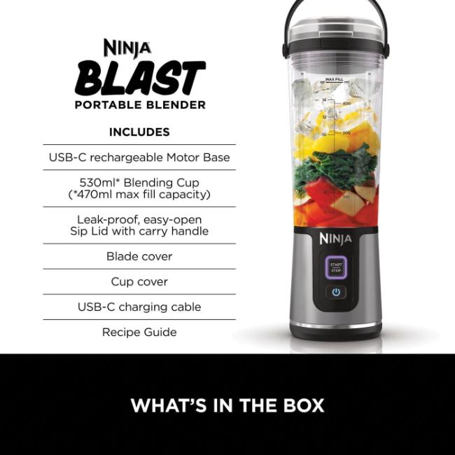 Ninja Blast Portable Blender Black 530ml with Carry Handle, Start/Stop Button, Power Button